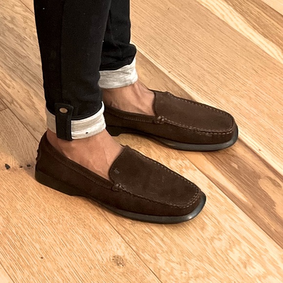 TOD'S DRIVING SHOES BROWN SUEDE Leather SIZE 5.5 Loafers Square Toe - Picture 10 of 11